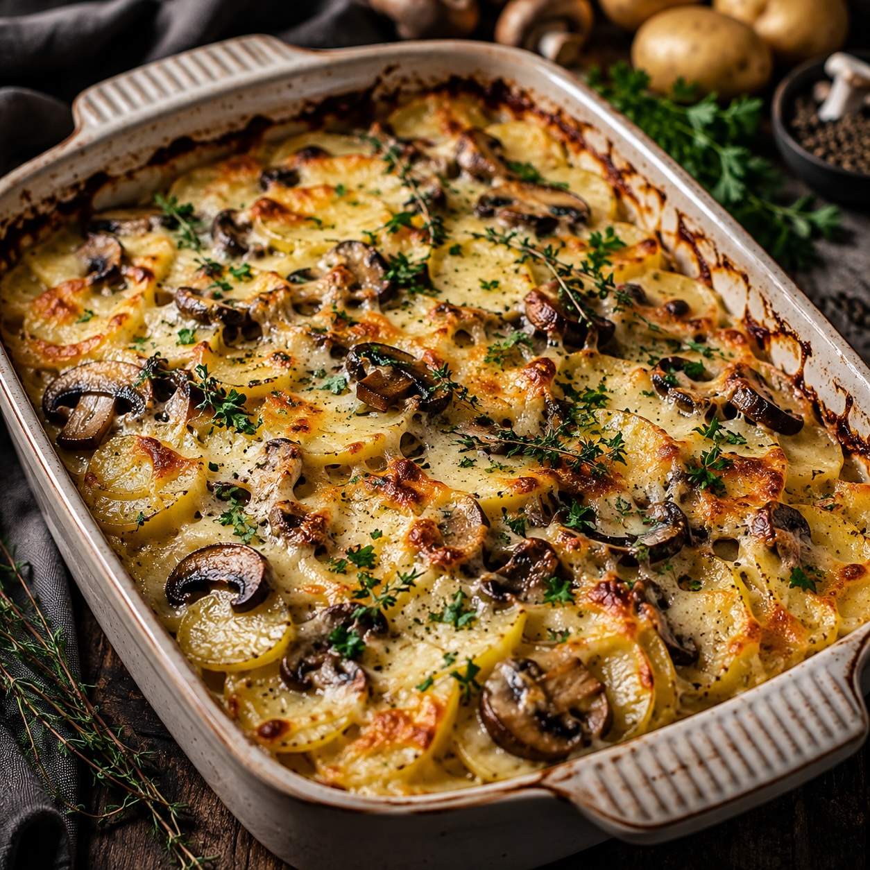Kartoffel-Pilz-Auflauf mit knuspriger Käsekruste