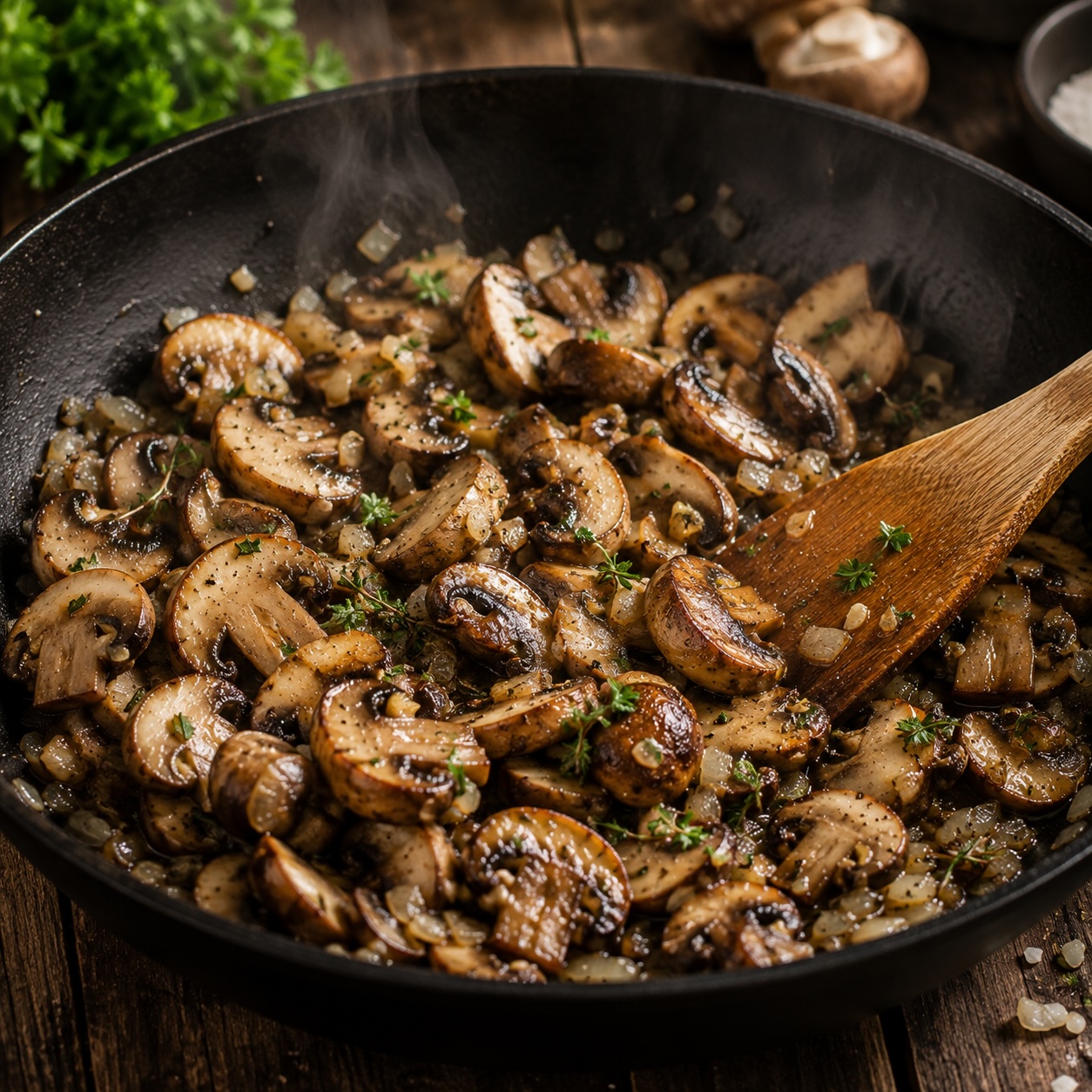 Frische Pilze werden in der Pfanne angebraten