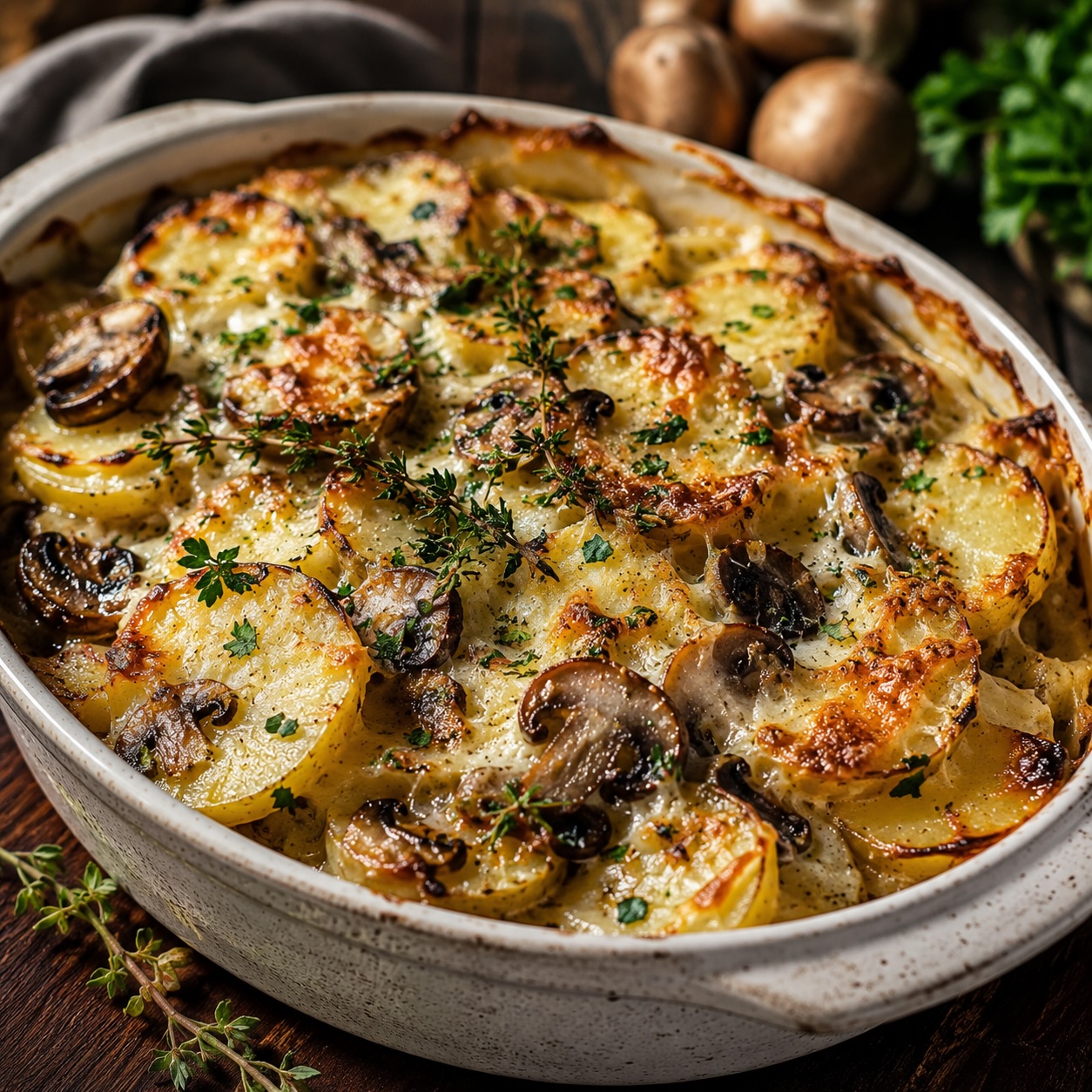 Kartoffel-Pilz-Auflauf mit Pilzen, Bergkäse und frischen Kräutern