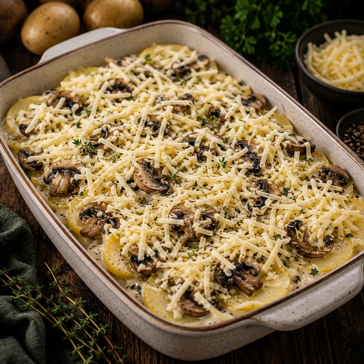 Kartoffel-Pilz-Auflauf vor dem Backen mit Käse bestreuen