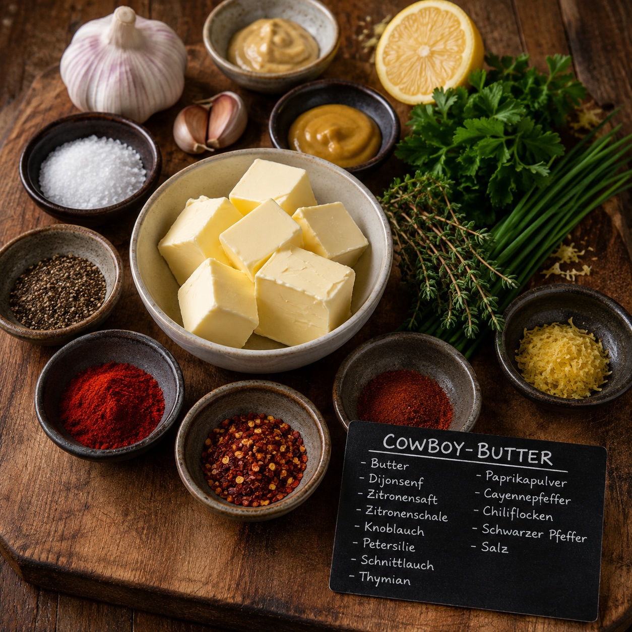 Hausgemachte Cowboy-Butter mit frischen Kräutern und Gewürzen