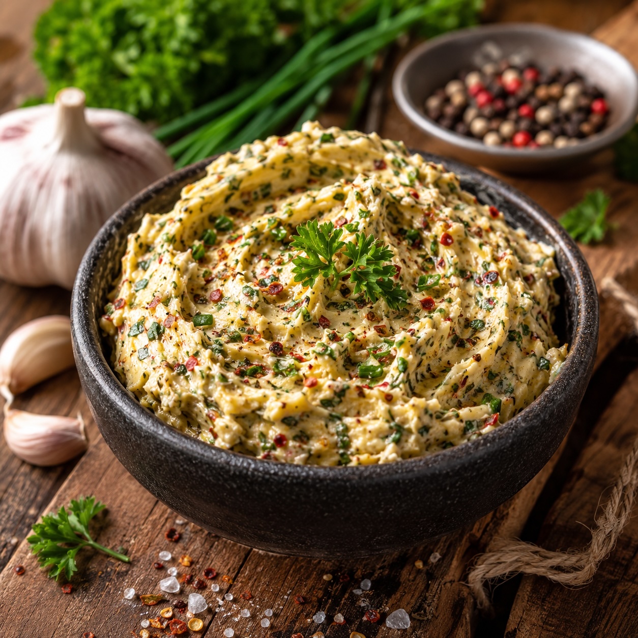 Hausgemachte Cowboy-Butter mit frischen Kräutern, Knoblauch und Gewürzen