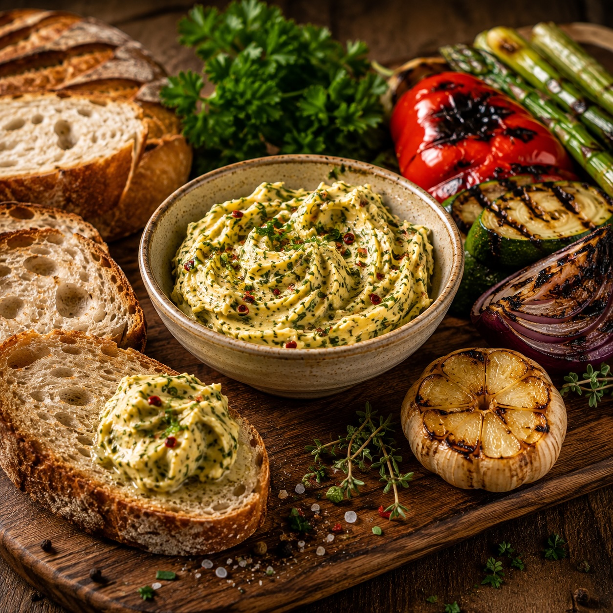 Servierfertige Cowboy-Butter mit Brot und Grillgemüse