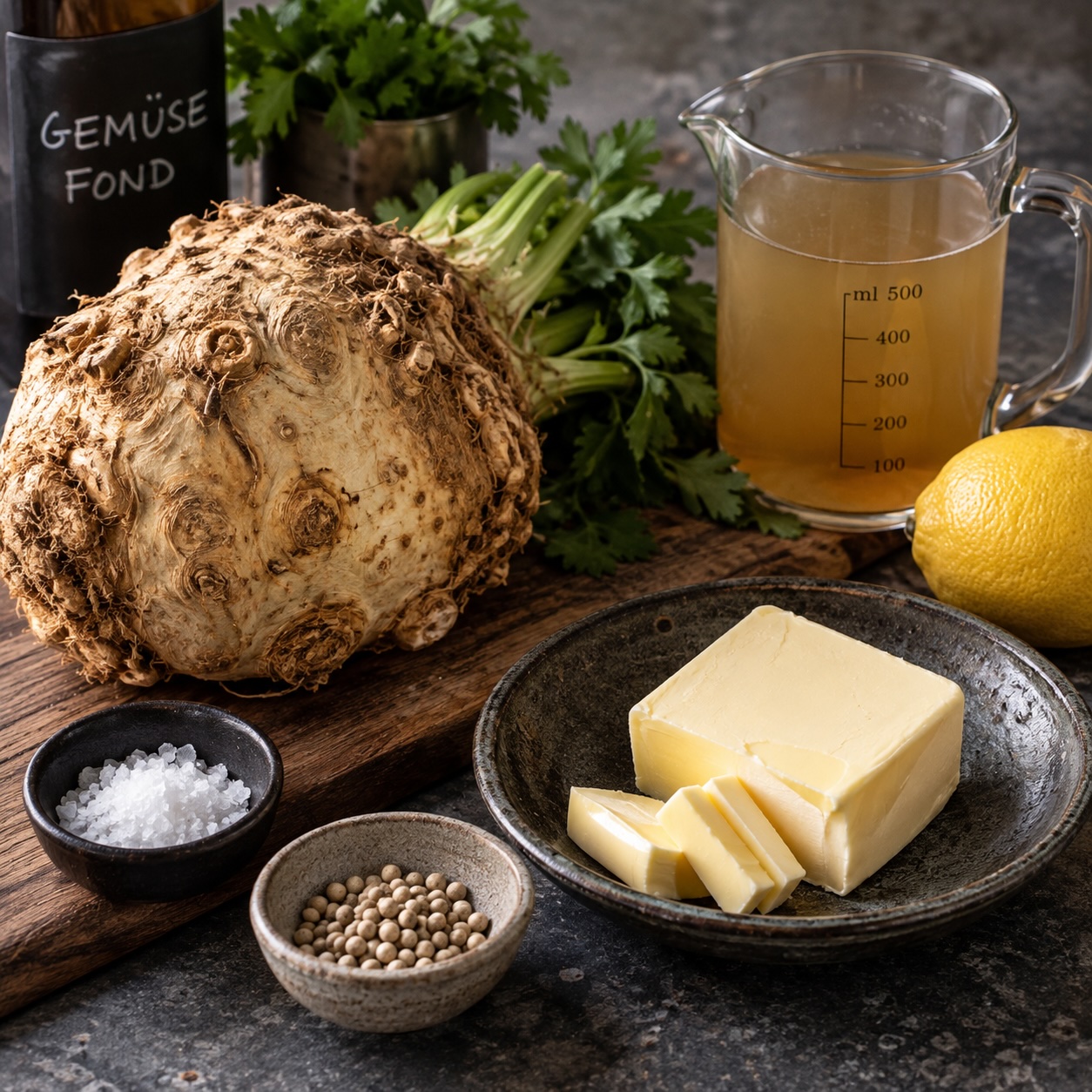 Zutaten für geröstete Selleriecreme mit Knollensellerie und Butter