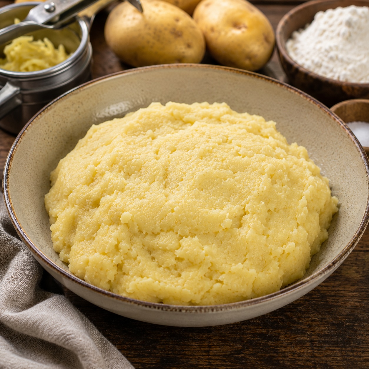 Frisch zubereiteter Kartoffelteig aus gepressten Kartoffeln für Kartoffelknödel