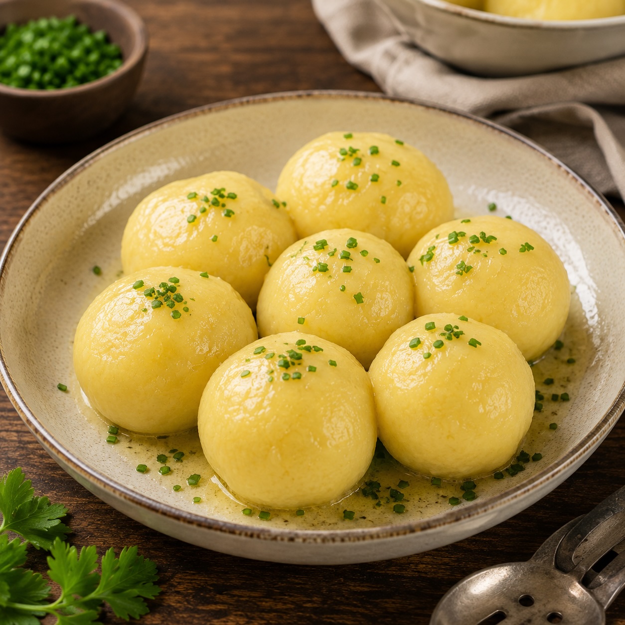 Fertig gegarte hausgemachte Kartoffelknödel als klassische österreichische Beilage