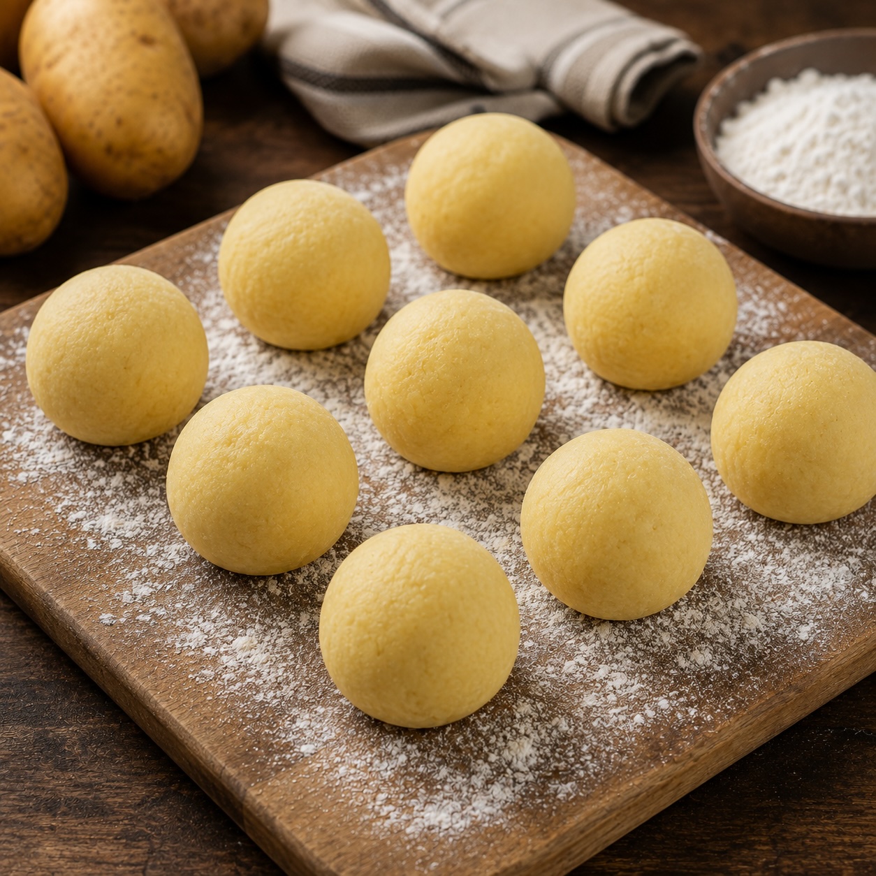 Von Hand geformte Kartoffelknödel vor dem Garen in Salzwasser