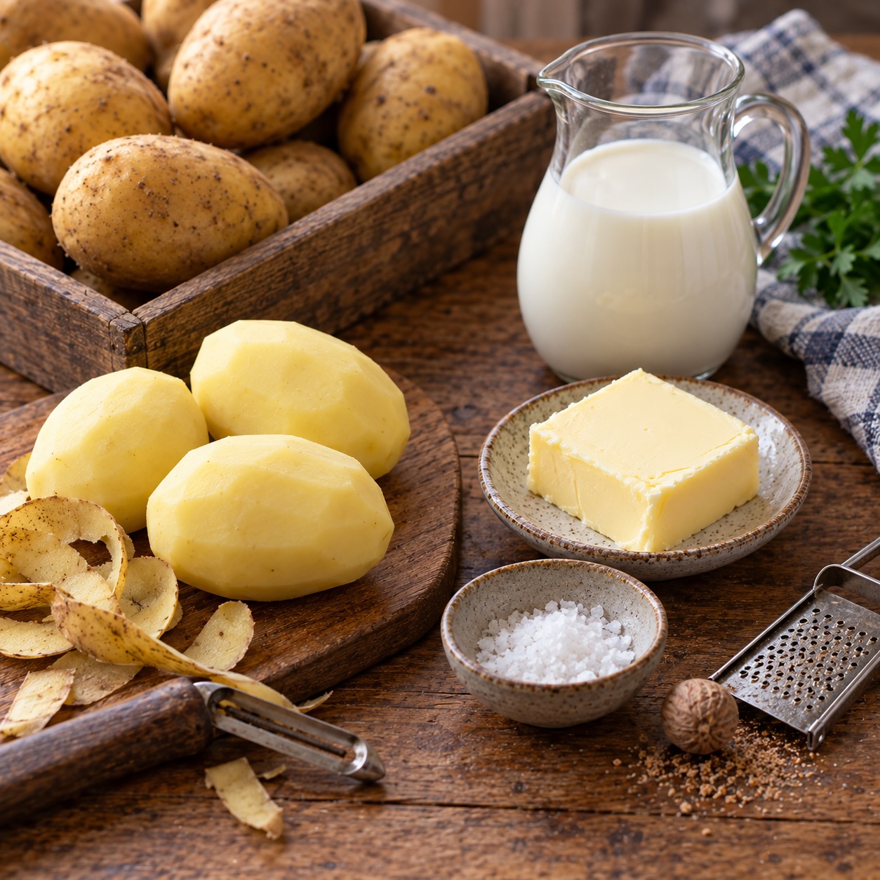 Zutaten für Erdäpfelpüree mit Erdäpfeln, Butter, Milch und Muskat