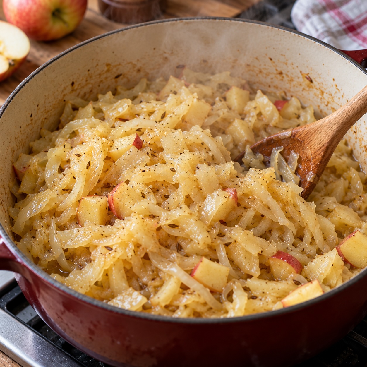 Mostkraut mit Apfel und Zwiebeln beim langsamen Schmoren im Topf