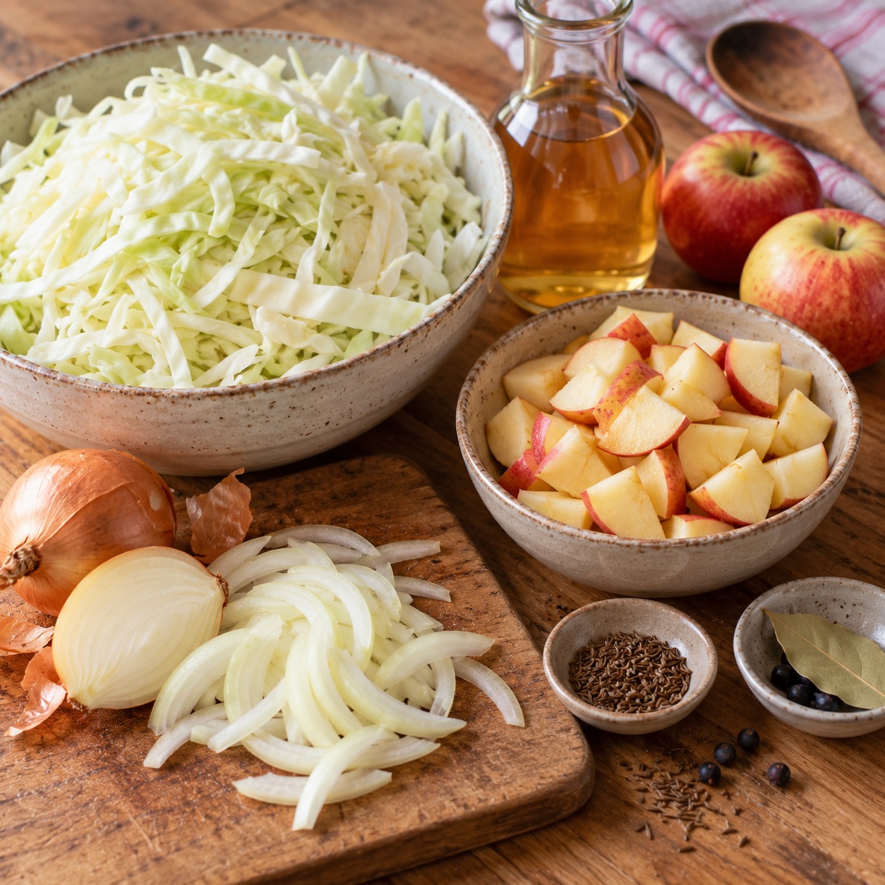 Weißkraut, Äpfel, Zwiebeln, Most und Gewürze für Mostkraut