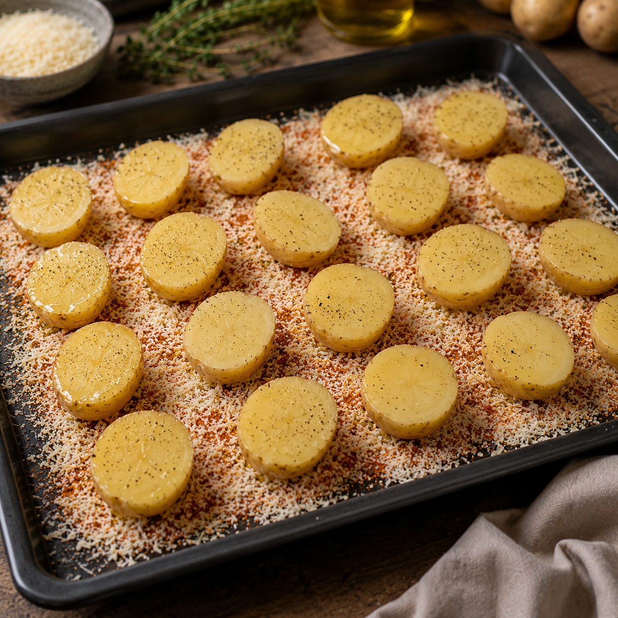 Halbierte Kartoffeln auf Parmesan vor dem Backen