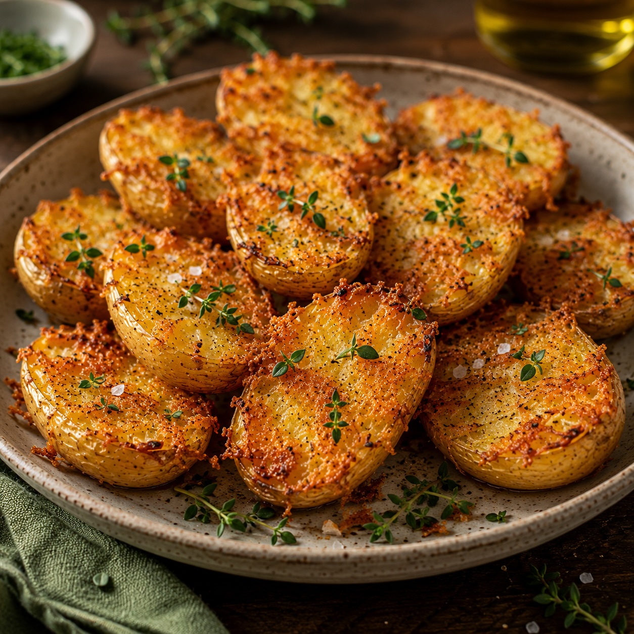 Parmesan-Kartoffeln mit Kräutern serviert