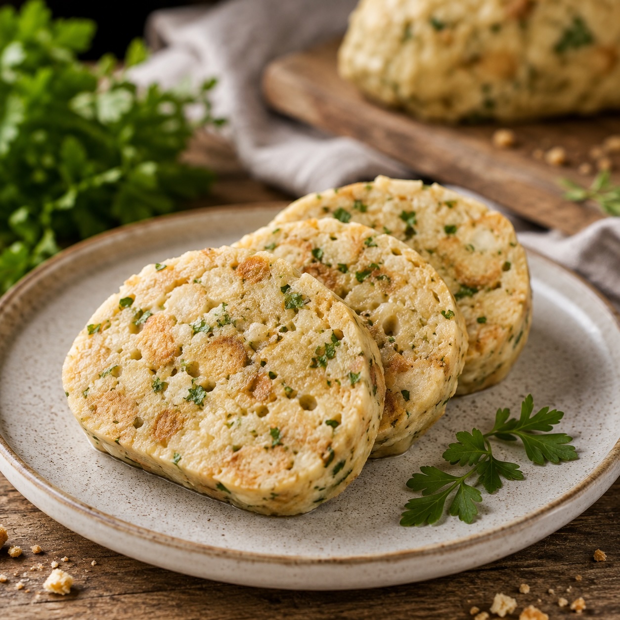 Klassische Serviettenknödel in Scheiben geschnitten