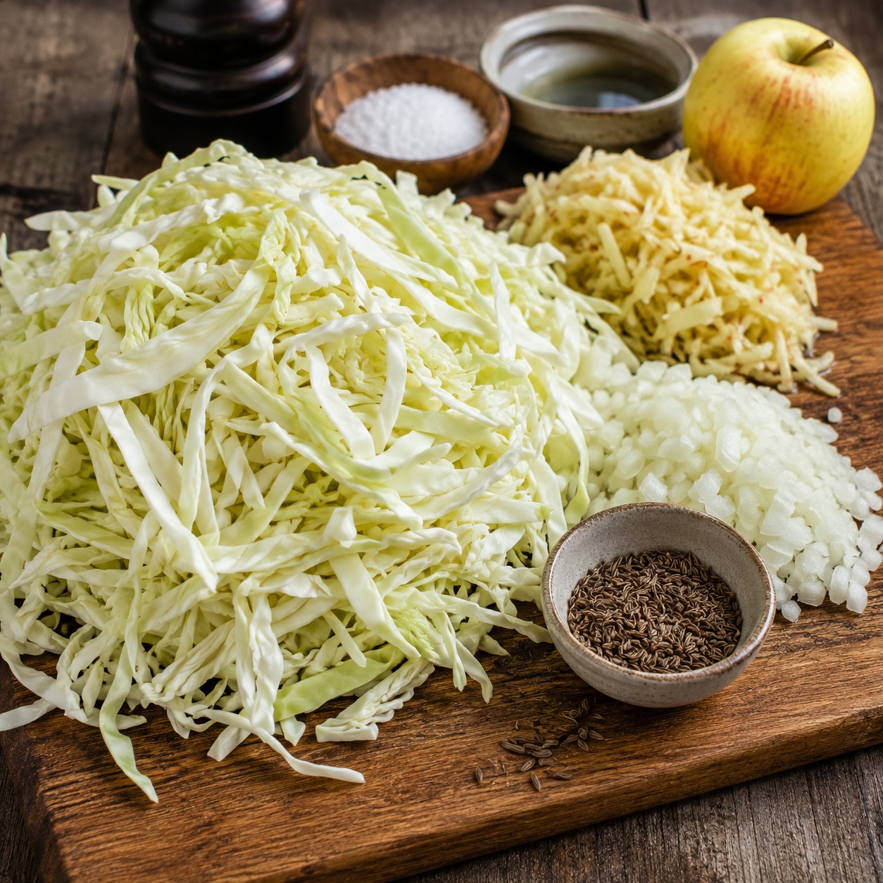 Fein geschnittenes Weißkraut mit Zwiebel und Kümmel vor dem Dünsten