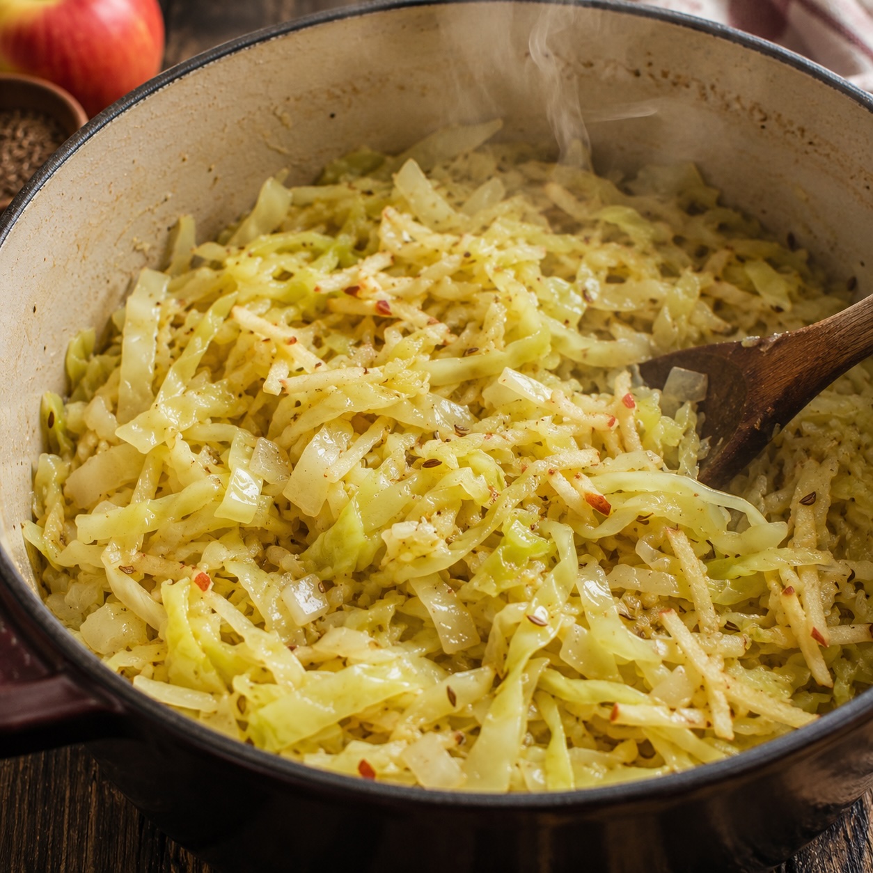 Sommerkraut mit Apfel und Kümmel beim Dünsten im Topf