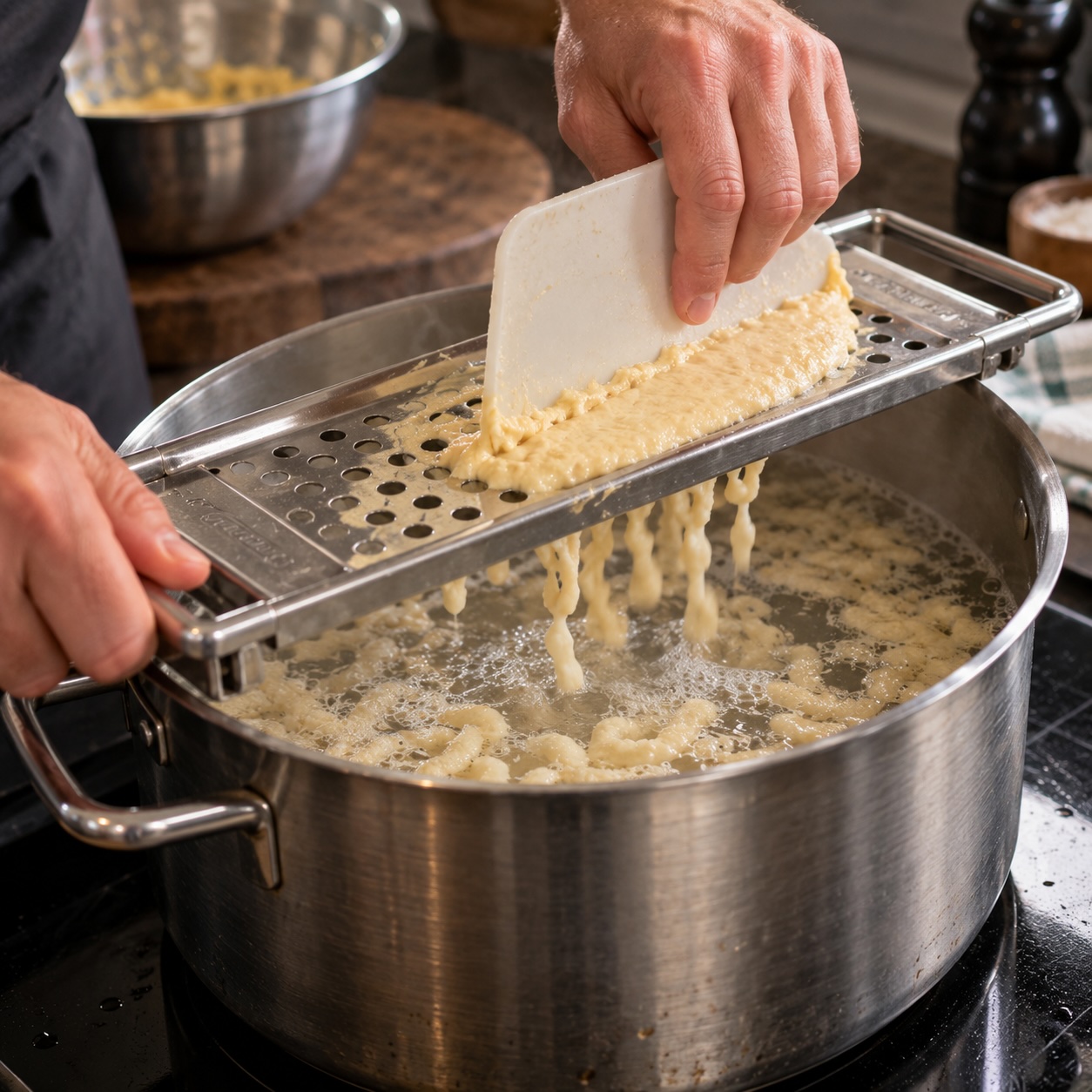 Spätzleteig auf der Spätzlereibe über kochendem Wasser