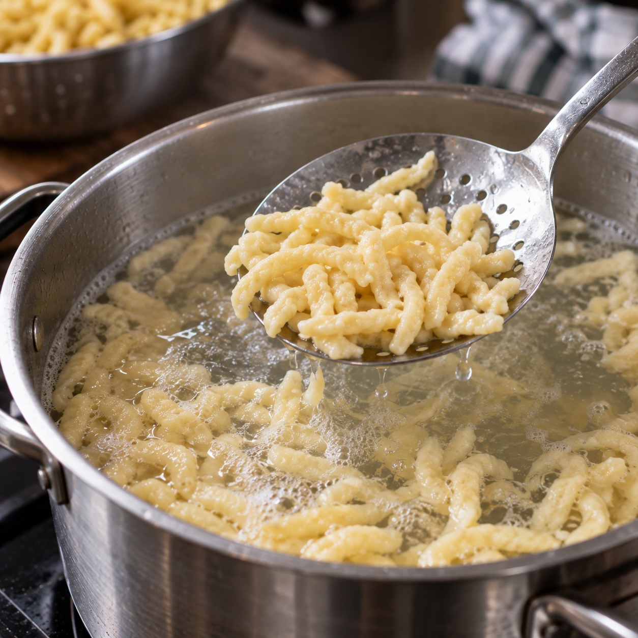 Frisch gekochte Spätzle im Salzwasser