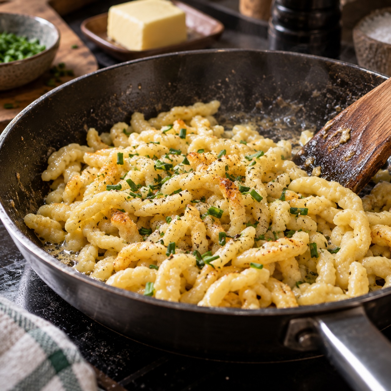 Spätzle mit Butter in der Pfanne geschwenkt