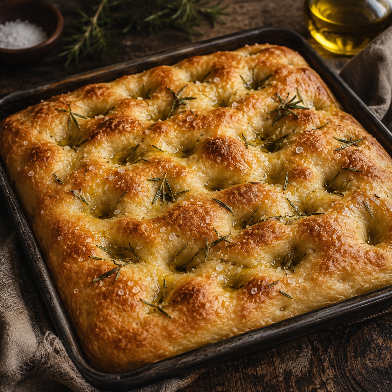 Focaccia mit Rosmarin und Olivenöl frisch gebacken