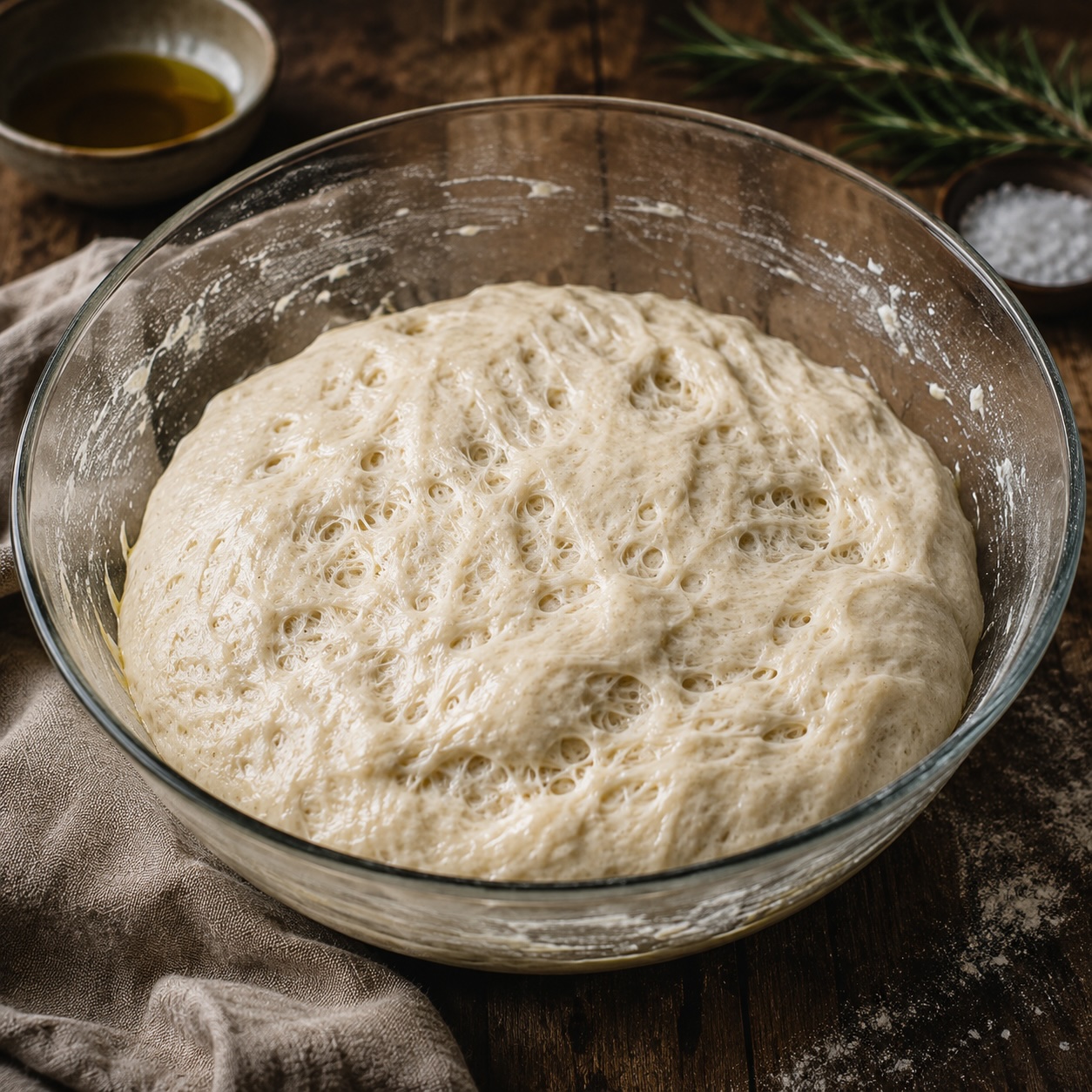 Luftiger Focaccia-Teig nach langer Teigruhe