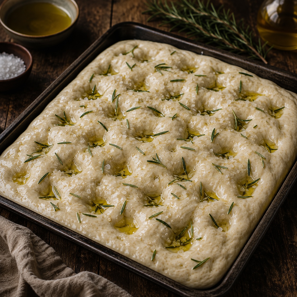 Focaccia-Teig mit Olivenöl, Rosmarin und Meersalz vor dem Backen