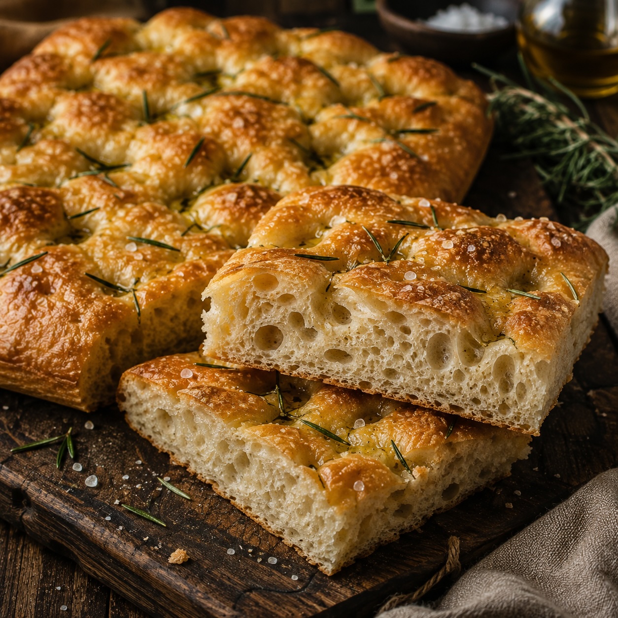 Aufgeschnittene Focaccia mit luftiger Krume und knuspriger Kruste