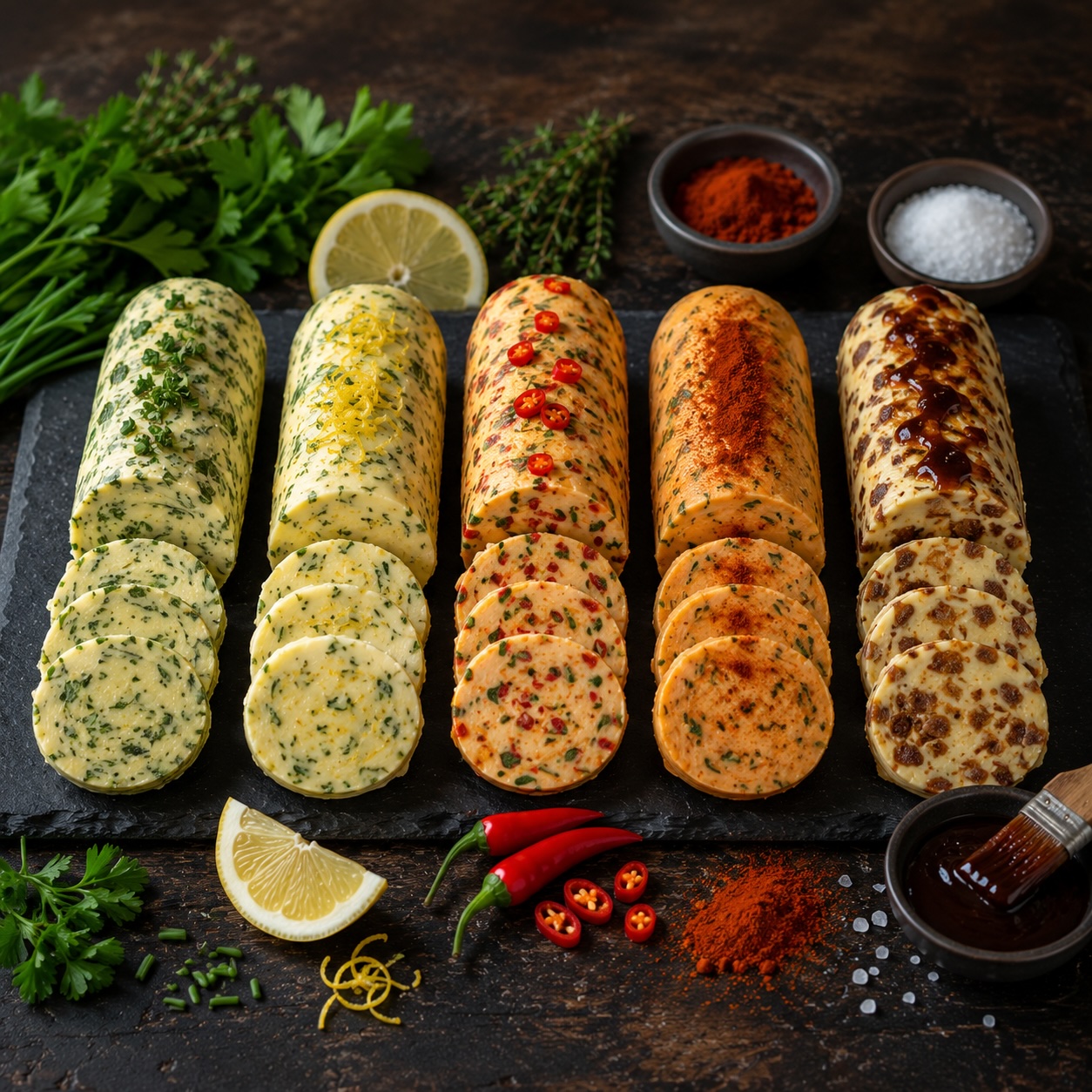 Fünf verschiedene Kräuterbutter-Variationen mit Kräutern, Zitrone, Chili, geräucherter Paprika und BBQ-Gewürzen