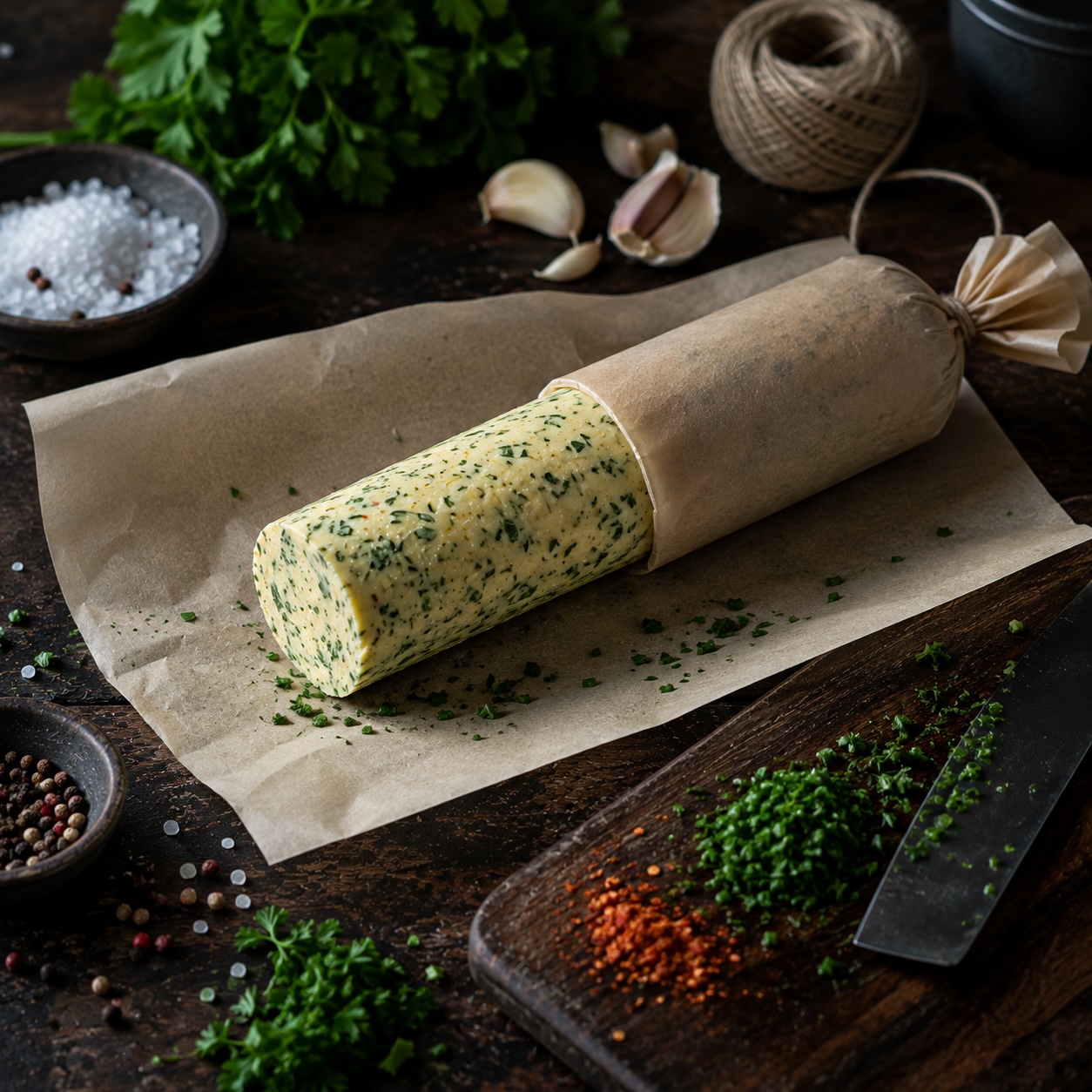 Selbstgemachte Kräuterbutter wird auf Backpapier zu einer Rolle geformt