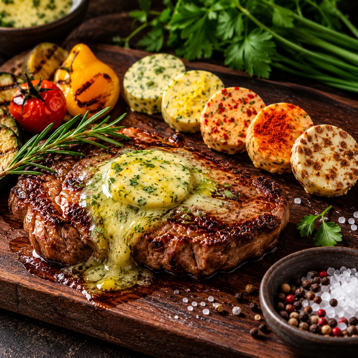 Kräuterbutter in Scheiben serviert und leicht schmelzend auf einem frisch gegrillten Gericht