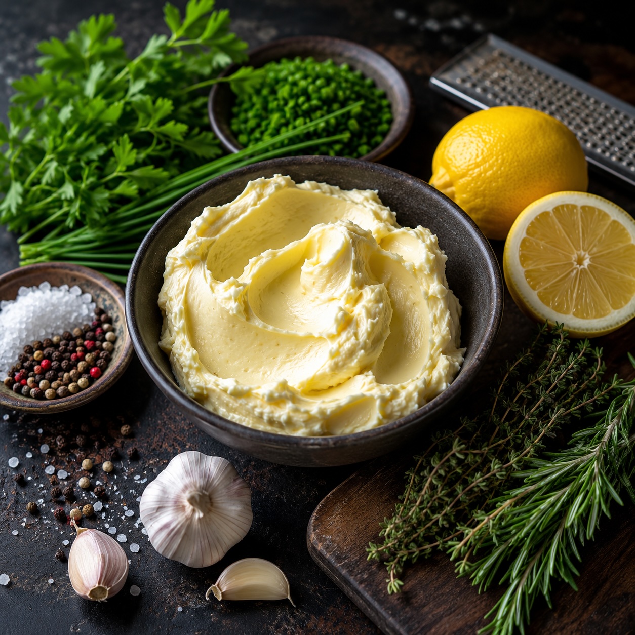Zutaten für selbstgemachte Kräuterbutter mit Butter, frischen Kräutern, Zitrone und Gewürzen