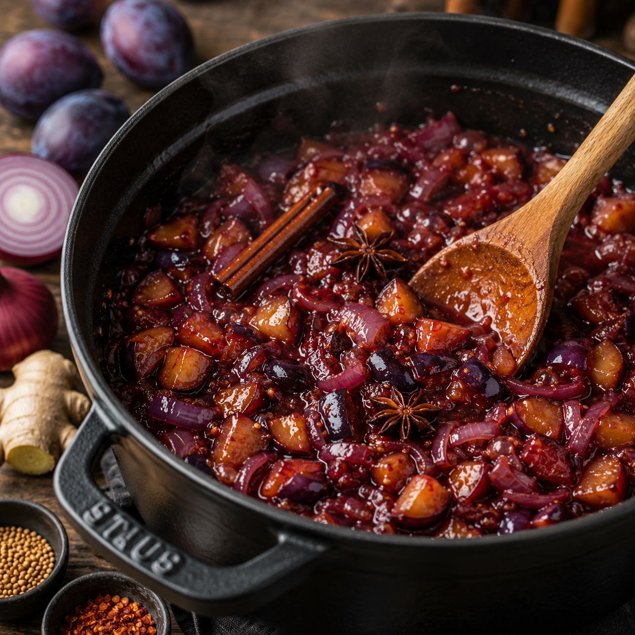 Zwetschken und Gewürze werden gemeinsam mit roten Zwiebeln im Topf eingekocht