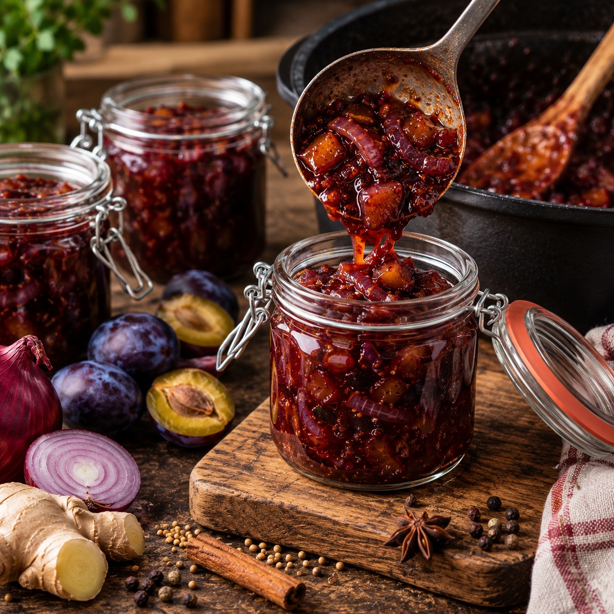 Das fertige Zwetschken-Chutney wird heiß in Gläser abgefüllt