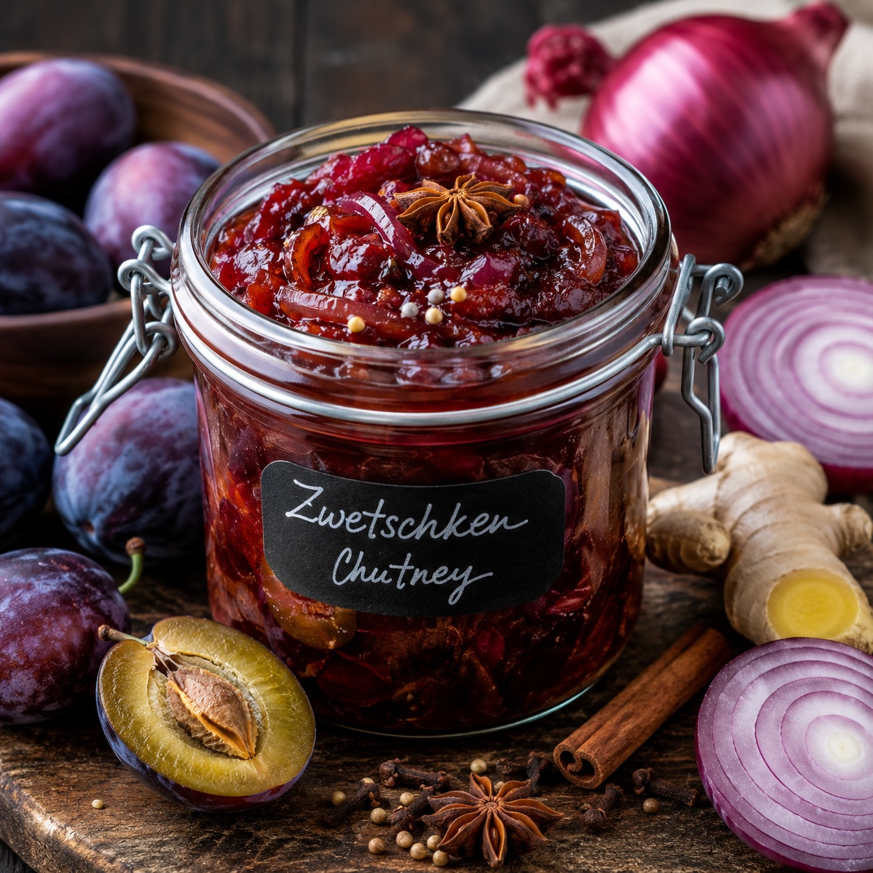 Hausgemachtes Zwetschken-Chutney mit roten Zwiebeln, Ingwer und Gewürzen