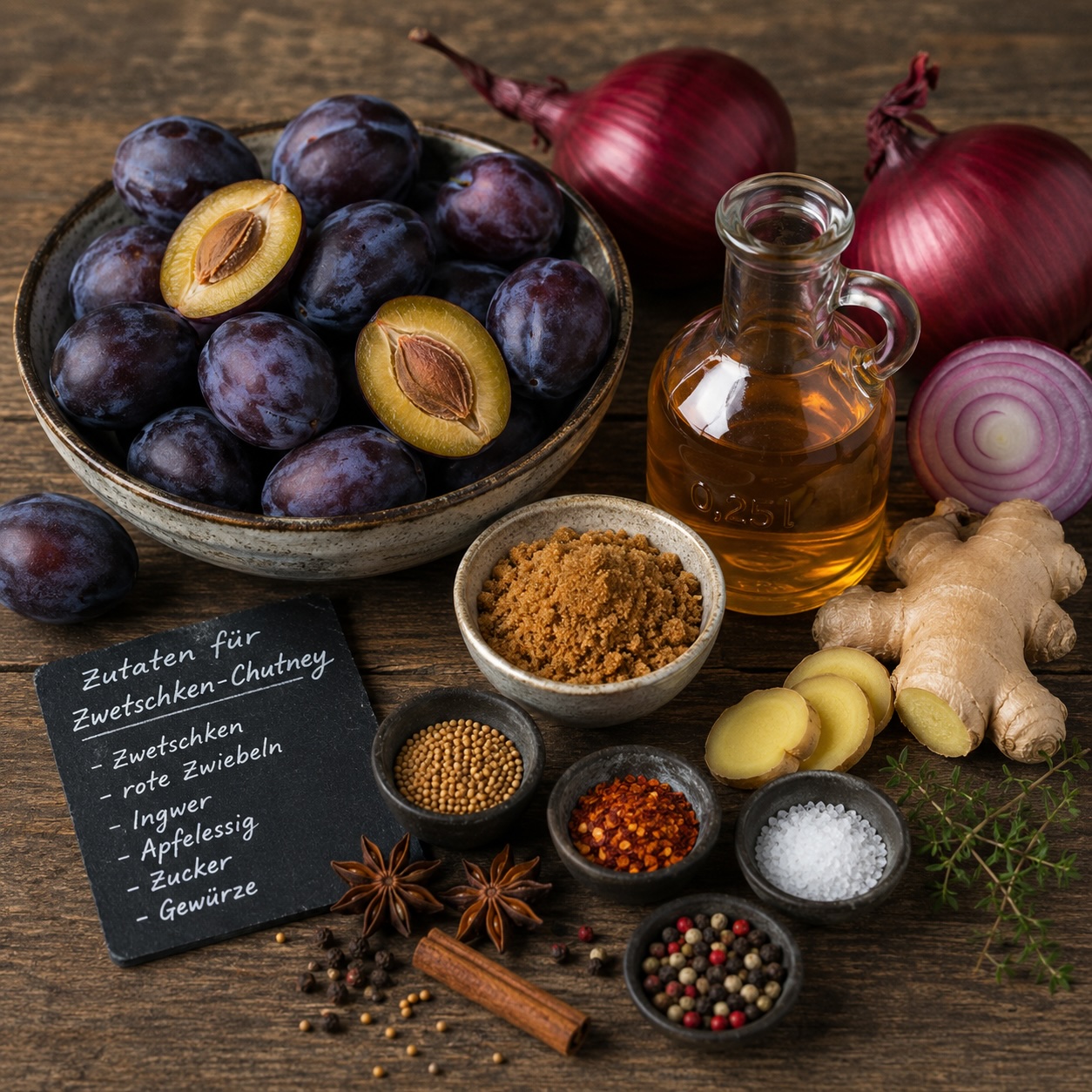 Frische Zwetschken, rote Zwiebeln, Ingwer und Gewürze als Zutaten für ein hausgemachtes Zwetschken-Chutney
