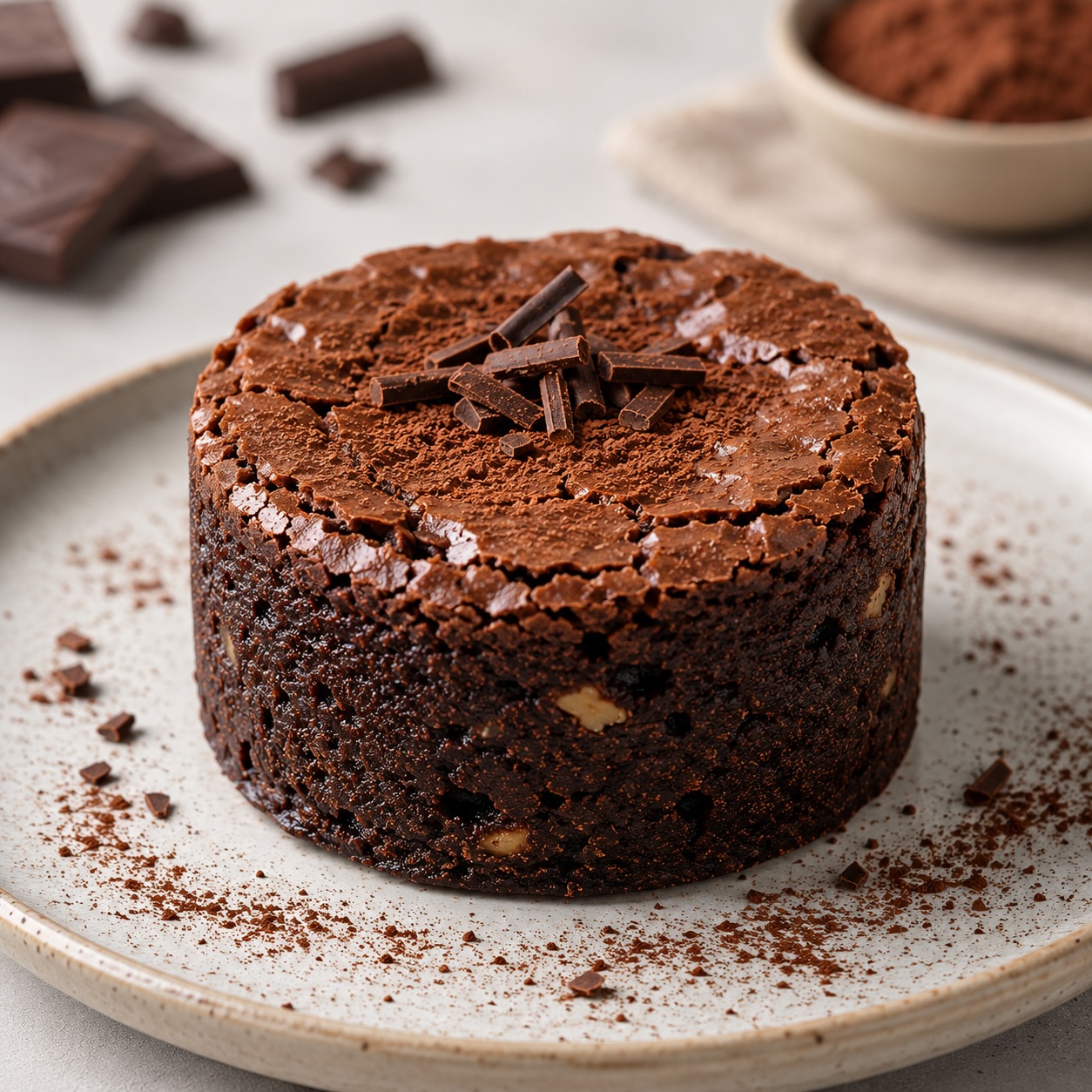 Rund ausgestochener saftiger Schoko-Brownie mit Kakao und dunkler Schokolade