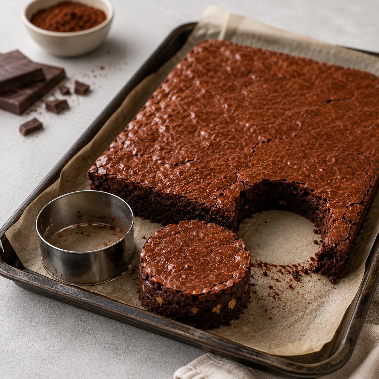 Runder Schoko-Brownie frisch aus dem Blech ausgestochen mit rundem Ausstecher