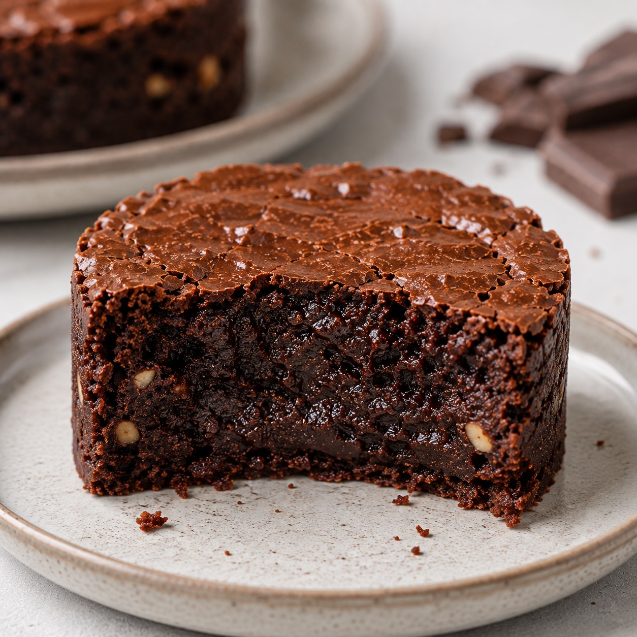 Rund ausgestochener Schoko-Brownie angeschnitten mit saftigem, schokoladigem Kern