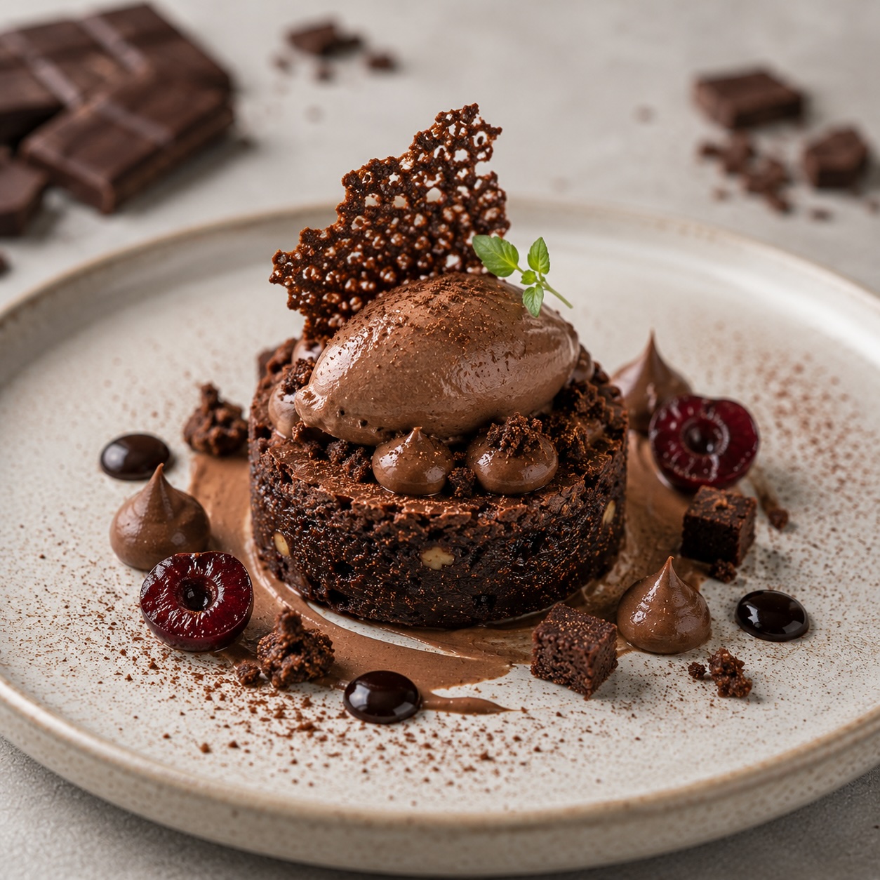 Rund ausgestochener Schoko-Brownie modern angerichtet mit Schokoladencreme, Kirschen und Schokoladenhippe