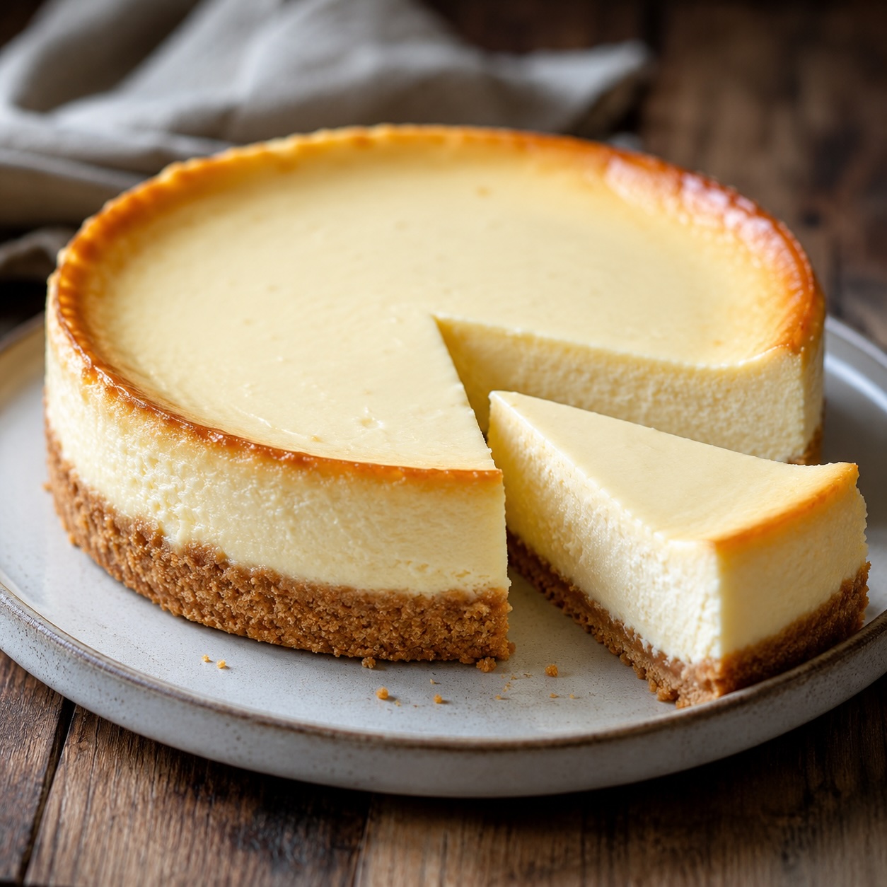 Klassischer gebackener Cheesecake mit cremiger Frischkäsefüllung und Keksboden