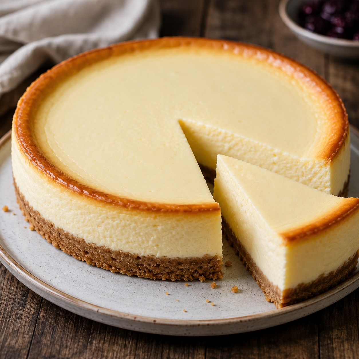Klassischer Cheesecake mit Frischkäsefüllung und Keksboden