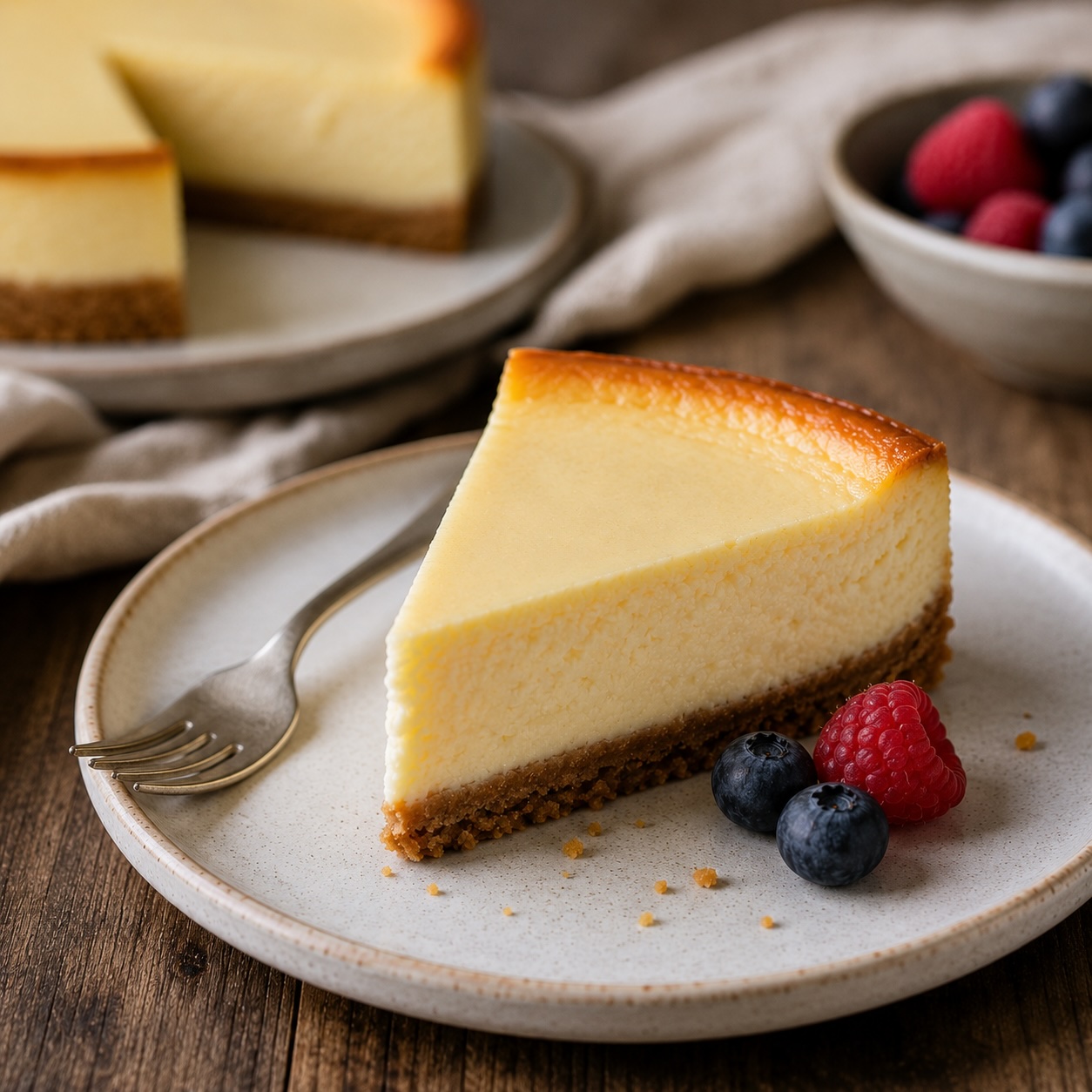 Aufgeschnittener Cheesecake mit cremiger Füllung und Keksboden