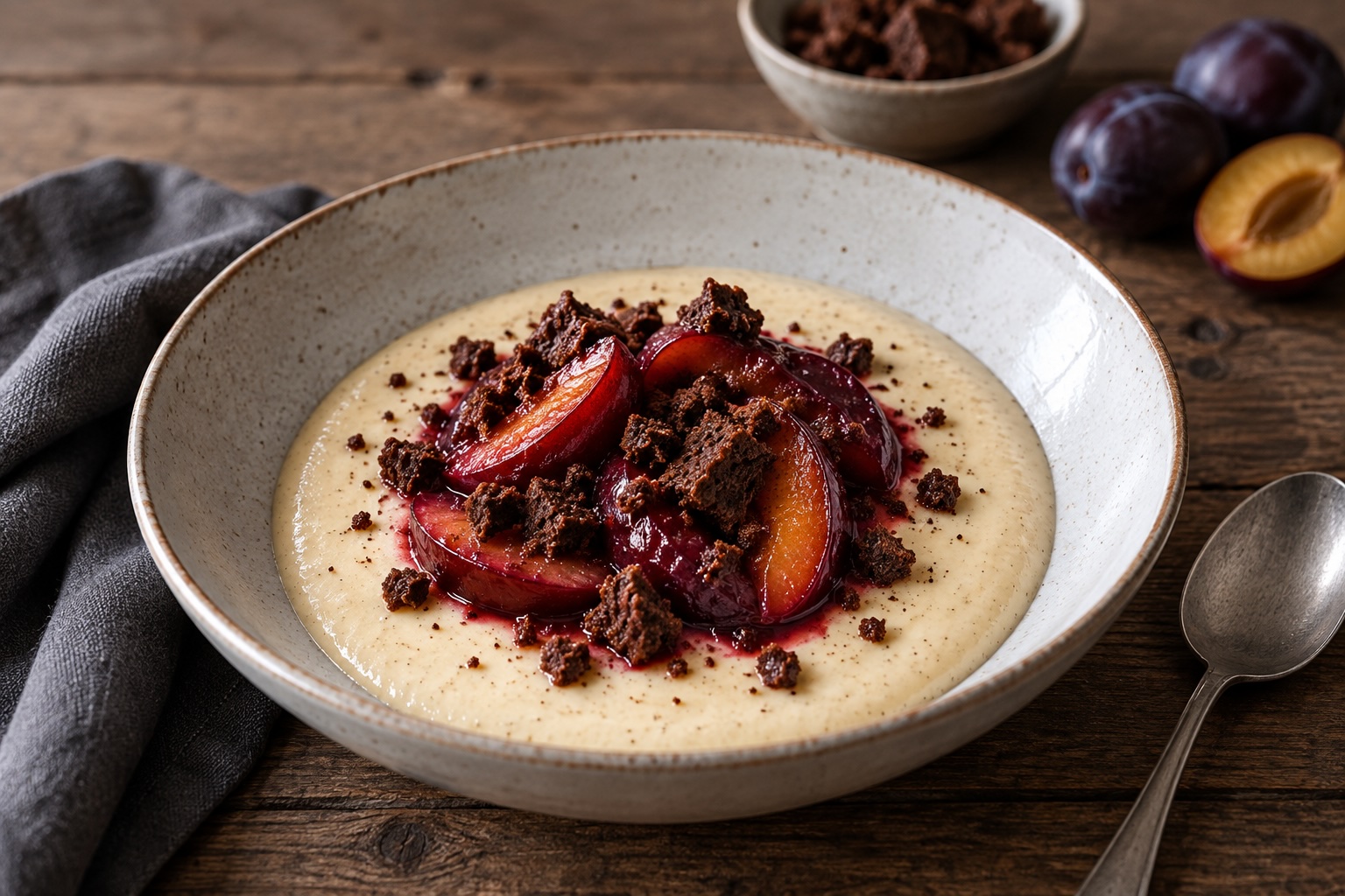 Dinkelgrießflammerie mit Zwetschken und Browniebröseln