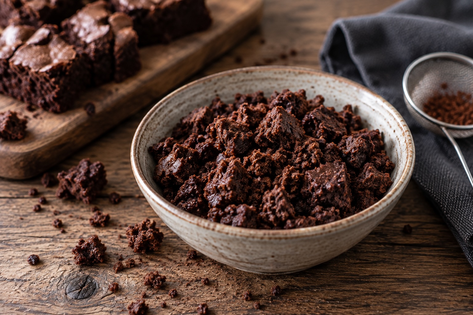 Grobe Browniebrösel als Topping für die Dinkelgrießflammerie