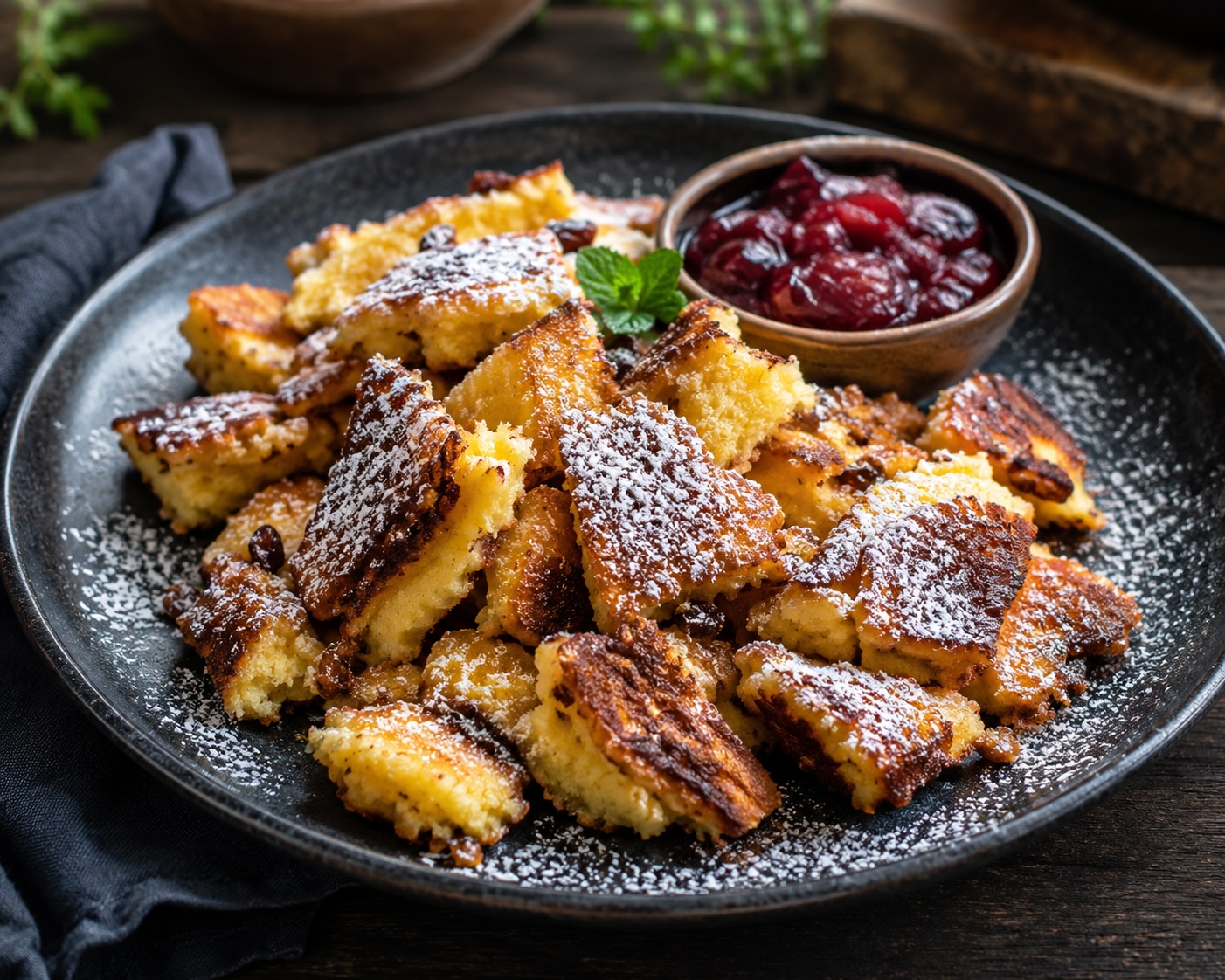 Fluffiger österreichischer Kaiserschmarrn mit Staubzucker und Zwetschkenröster