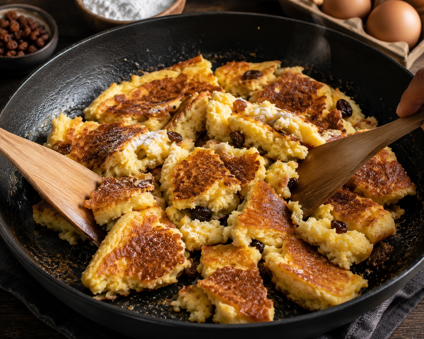 Kaiserschmarrn beim goldbraunen Ausbacken und Zerreißen in der Pfanne