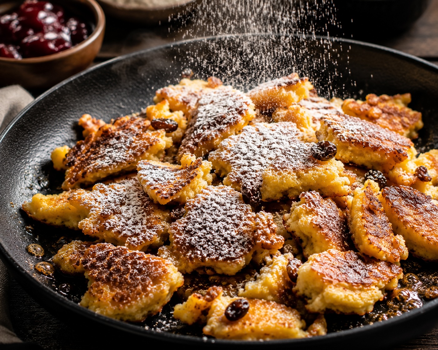 Frisch karamellisierter Kaiserschmarrn mit Staubzucker kurz vor dem Servieren