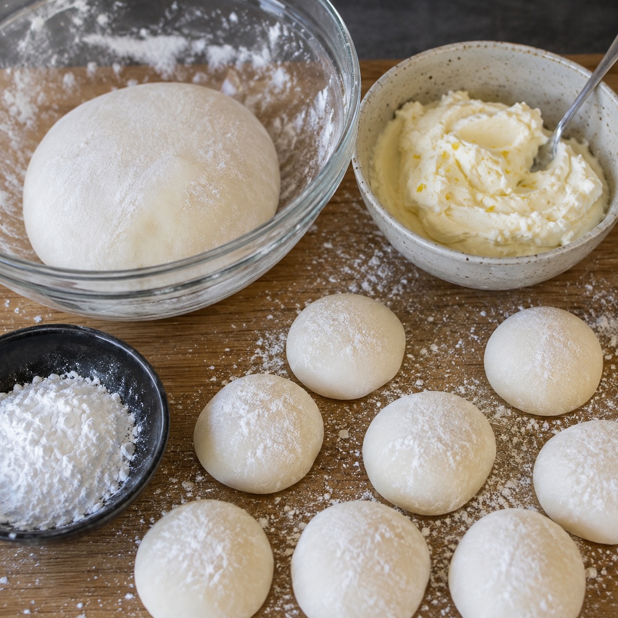 Mochiteig und Cheesecake-Füllung bei der Zubereitung