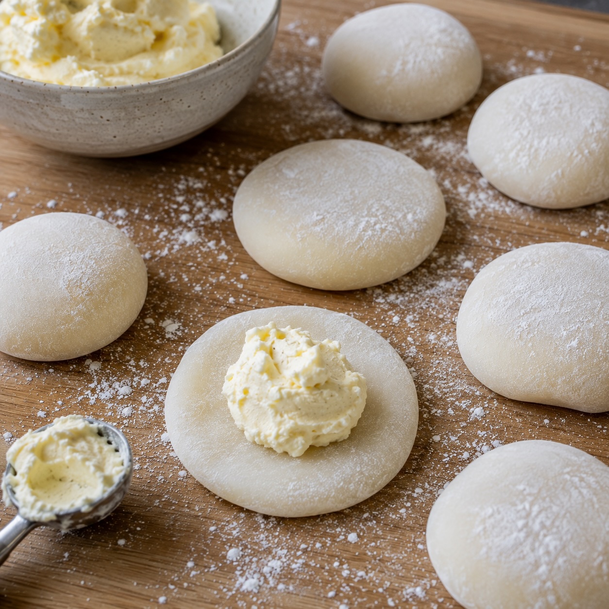 Mochi beim Füllen mit cremiger Frischkäsecreme