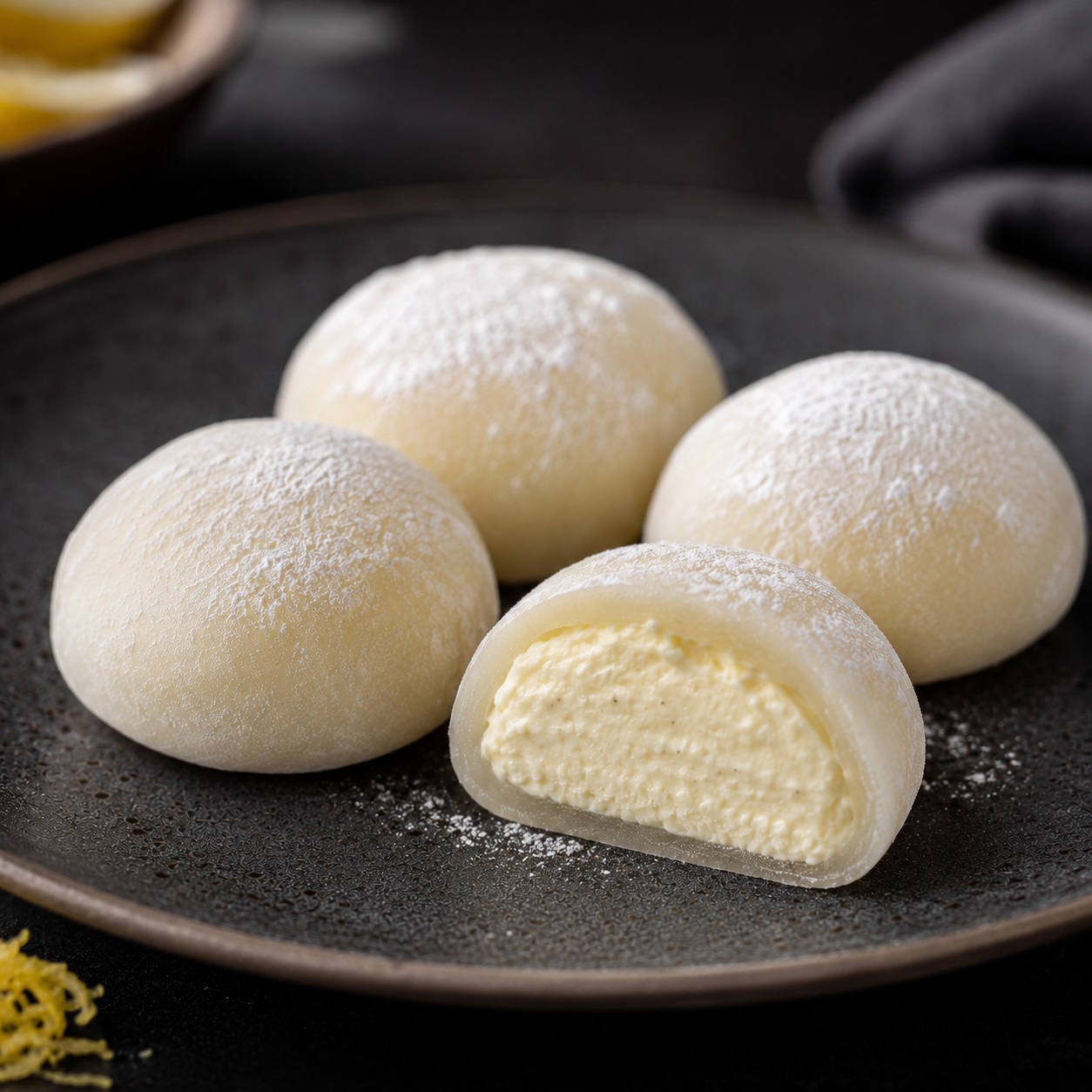 Aufgeschnittenes Mochi mit heller Cheesecake-Füllung