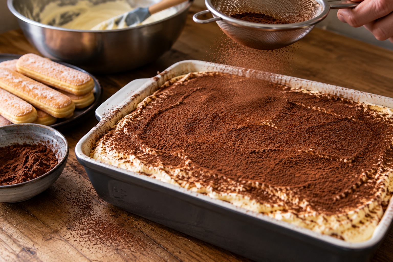 Tiramisu wird kurz vor dem Servieren mit Kakao bestreut